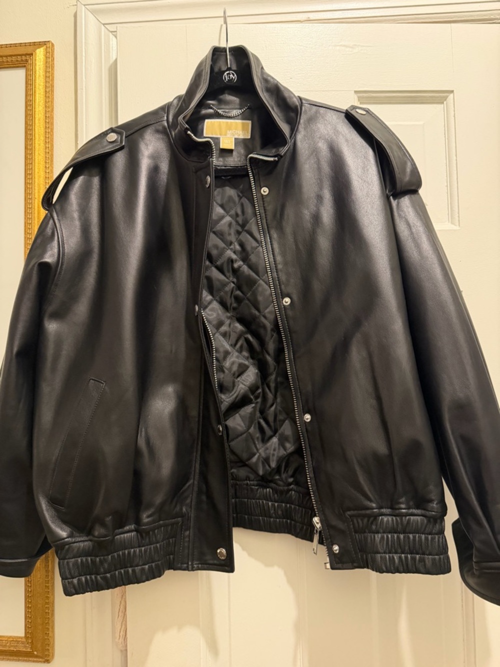 Michael Kors Black Leather Oversized Bomber Jacket with Quilted Lining